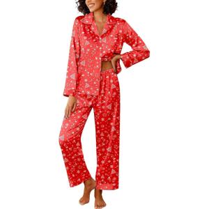 Ekouaer Womens Silk Satin Pajama Sets 2 Piece Sleepwear Pjs Set Long Sleeve Button Down Top and Pants Stripe Loungewear S-XXL(Christmas Red)