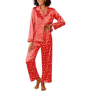 Ekouaer Womens Silk Satin Pajama Sets 2 Piece Sleepwear Pjs Set Long Sleeve Button Down Top and Pants Stripe Loungewear S-XXL(Christmas Teddy)