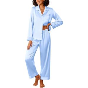 Ekouaer Womens Silk Satin Pajama Sets 2 Piece Sleepwear Pjs Set Long Sleeve Button Down Top and Pants Stripe Loungewear S-XXL(Light Blue)