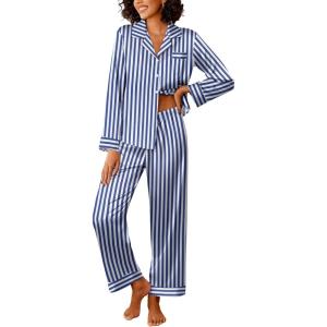 Ekouaer Womens Silk Satin Pajama Sets 2 Piece Sleepwear Pjs Set Long Sleeve Button Down Top and Pants Stripe Loungewear S-XXL(Navy White Stripe)
