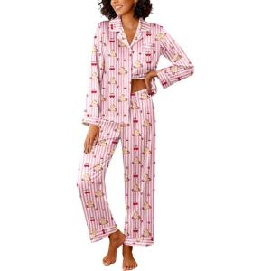 Ekouaer Womens Silk Satin Pajama Sets 2 Piece Sleepwear Pjs Set Long Sleeve Button Down Top and Pants Stripe Loungewear S-XXL(Pink Striped Teddy)