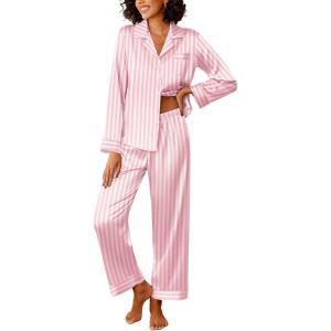 Ekouaer Womens Silk Satin Pajama Sets 2 Piece Sleepwear Pjs Set Long Sleeve Button Down Top and Pants Stripe Loungewear S-XXL(Pink White Stripe)