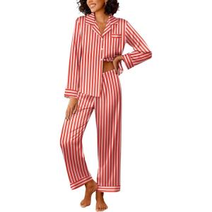 Ekouaer Womens Silk Satin Pajama Sets 2 Piece Sleepwear Pjs Set Long Sleeve Button Down Top and Pants Stripe Loungewear S-XXL(Red White Stripe)