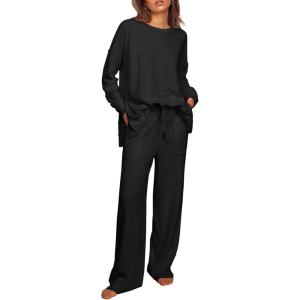 Ekouaer Womens Tracksuits 2 Piece Long Sleeve Outfits Micro Fleece Sweatsuit Sets Wide Leg Sweatpants(Black)