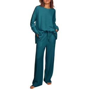 Ekouaer Womens Tracksuits 2 Piece Long Sleeve Outfits Micro Fleece Sweatsuit Sets Wide Leg Sweatpants(Blue Green)