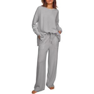 Ekouaer Womens Tracksuits 2 Piece Long Sleeve Outfits Micro Fleece Sweatsuit Sets Wide Leg Sweatpants(Light Grey)
