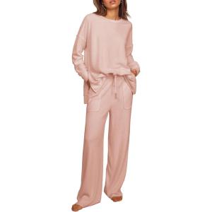 Ekouaer Womens Tracksuits 2 Piece Long Sleeve Outfits Micro Fleece Sweatsuit Sets Wide Leg Sweatpants(Light Pink)