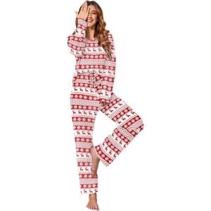 Ekouaer Women’s Waffle Knit Pajama Sets Comfy Long Sleeve Lounge Sets 2 Piece Matching Pj Sets with Pockets(Christmas Snowflake Deer)