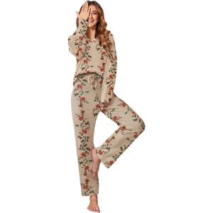 Ekouaer Women’s Waffle Knit Pajama Sets Comfy Long Sleeve Lounge Sets 2 Piece Matching Pj Sets with Pockets(Khaki Floral Print)
