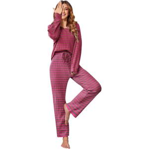 Ekouaer Women’s Waffle Knit Pajama Sets Comfy Long Sleeve Lounge Sets 2 Piece Matching Pj Sets with Pockets(Pink and Green Stripes)
