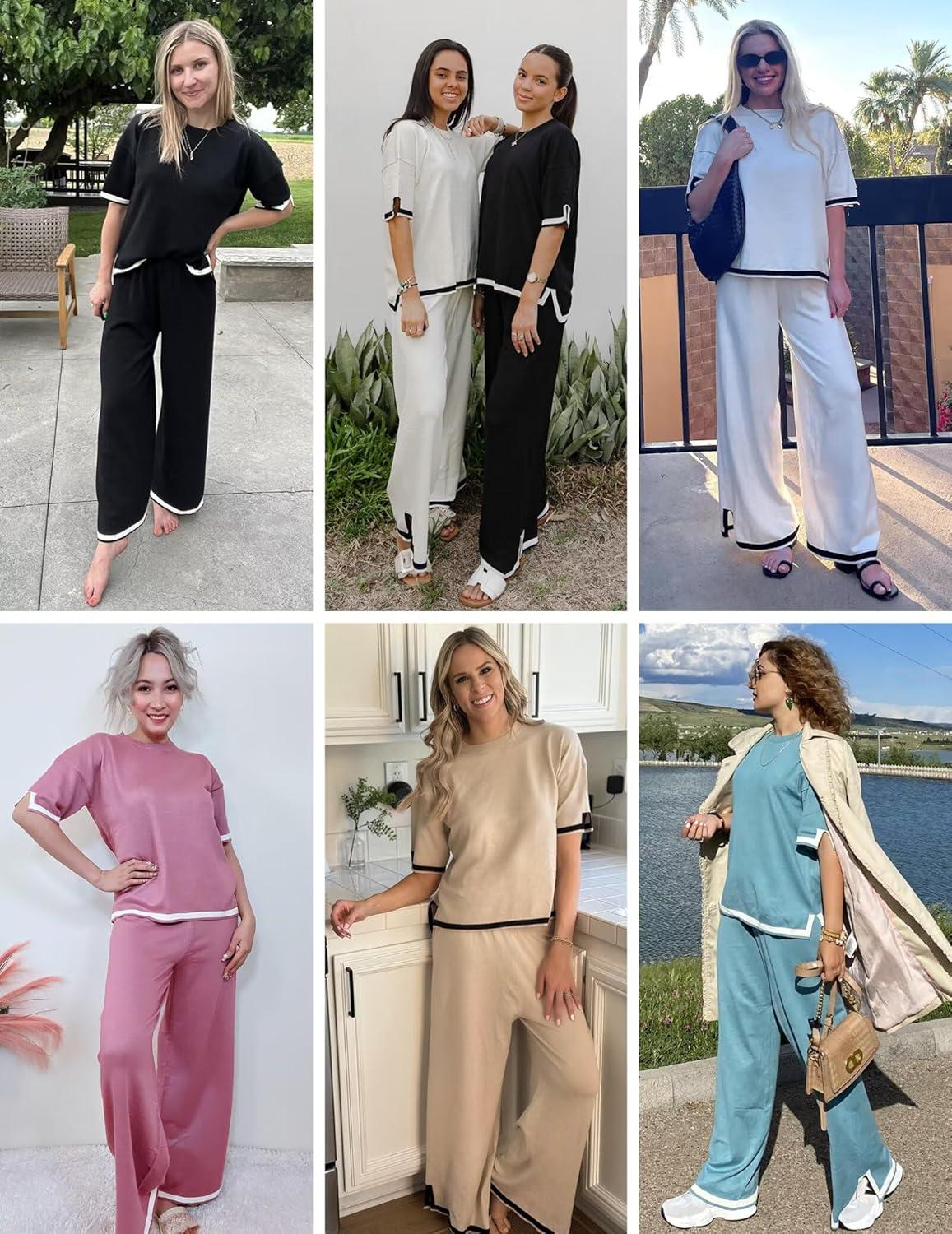 imageEkouaer Lounge Set for Women Travel Outfits 2 Piece Sets Short Sleeve Sweater Top Wide Leg Long Pants LoungewearDark Pink