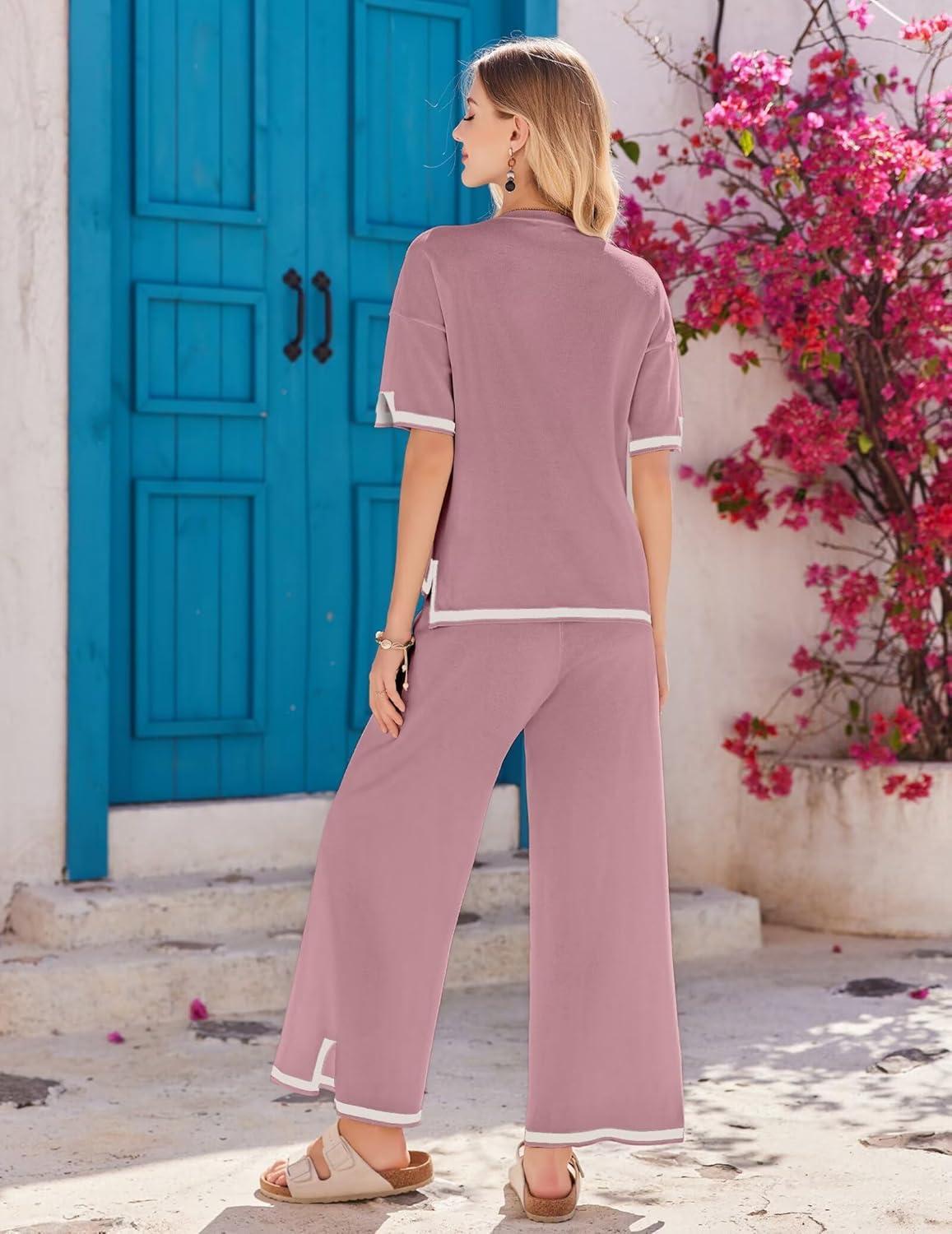 imageEkouaer Lounge Set for Women Travel Outfits 2 Piece Sets Short Sleeve Sweater Top Wide Leg Long Pants LoungewearDark Pink