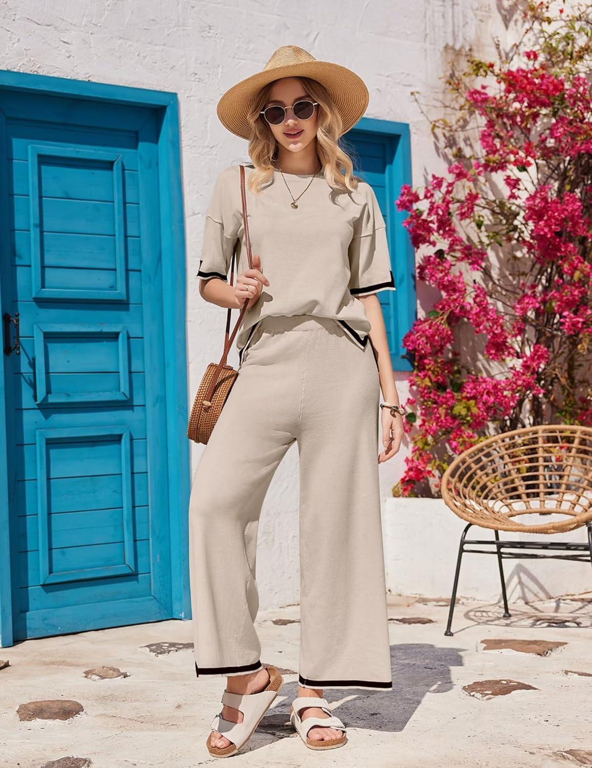 imageEkouaer Lounge Set for Women Travel Outfits 2 Piece Sets Short Sleeve Sweater Top Wide Leg Long Pants LoungewearMoon Gray