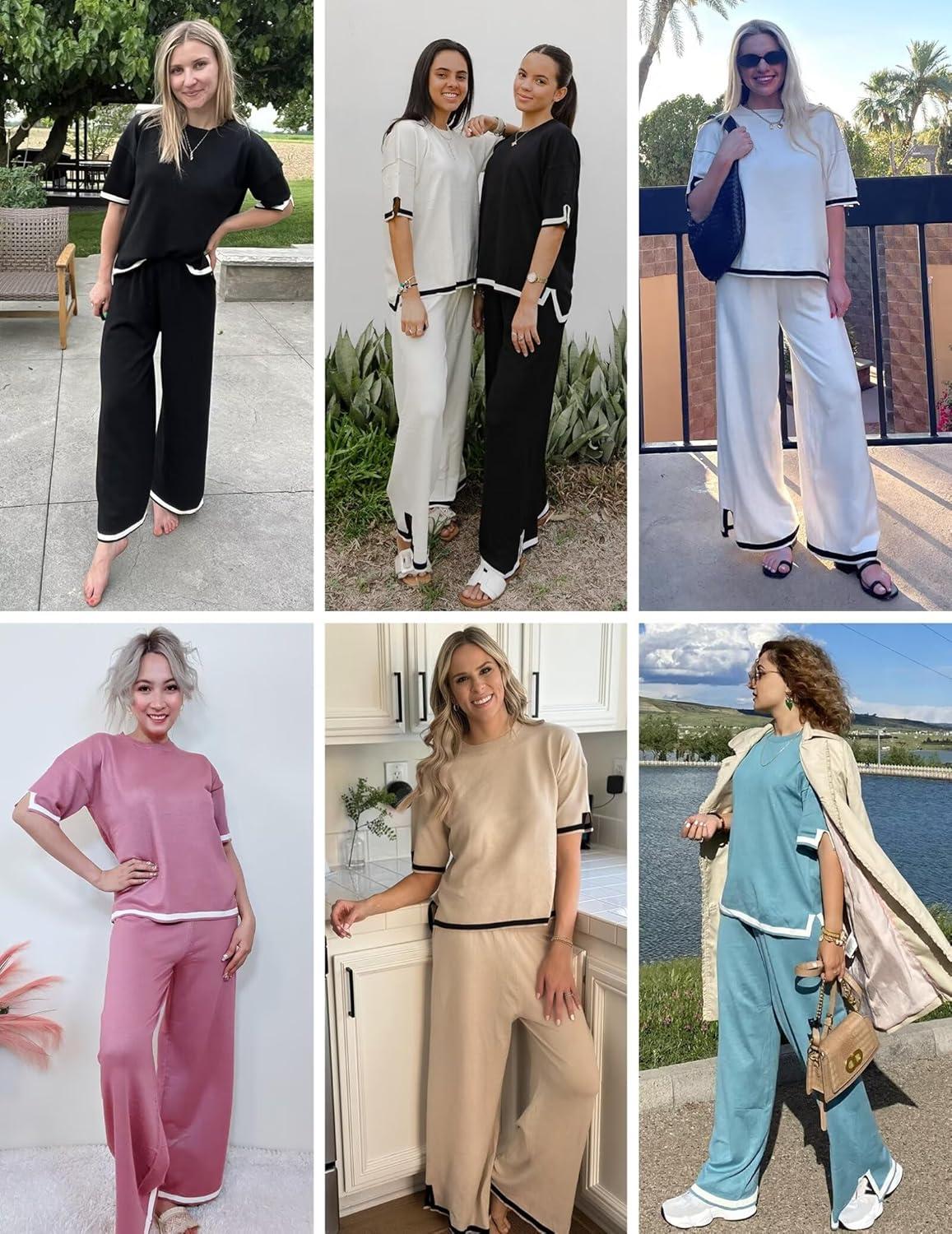 imageEkouaer Lounge Set for Women Travel Outfits 2 Piece Sets Short Sleeve Sweater Top Wide Leg Long Pants LoungewearStripe