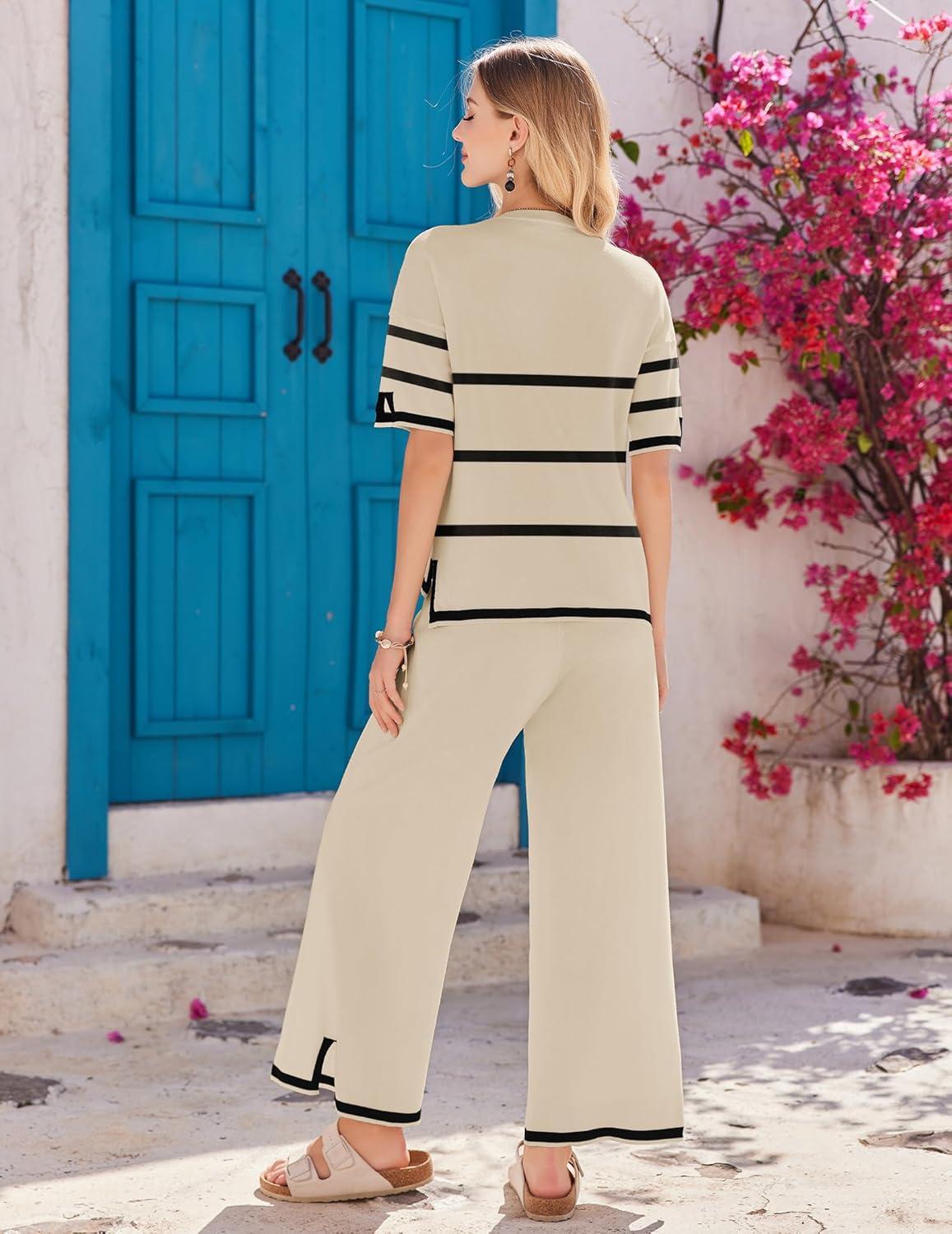 imageEkouaer Lounge Set for Women Travel Outfits 2 Piece Sets Short Sleeve Sweater Top Wide Leg Long Pants LoungewearStripe