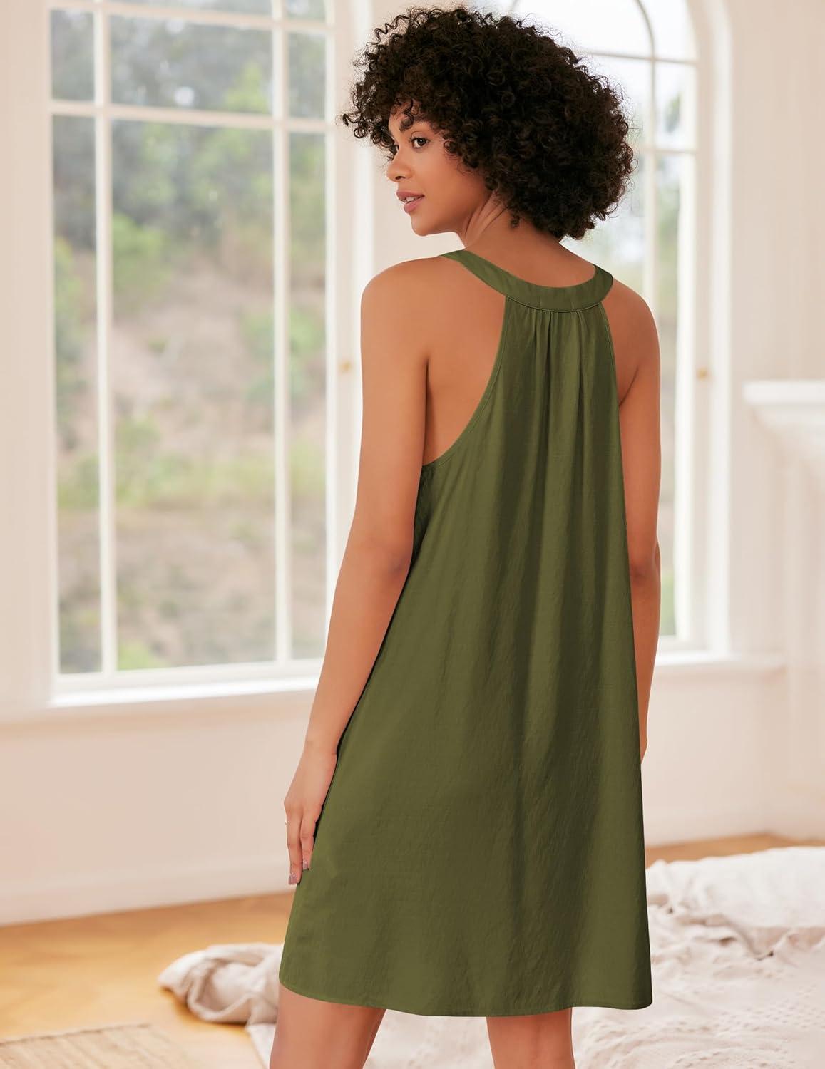 imageEkouaer Nightgown for Women Sleeveless Sleepwear Lightweight Racerback Sleep Shirt Pleated V Neck Night Dress Short ChemiseArmy Green