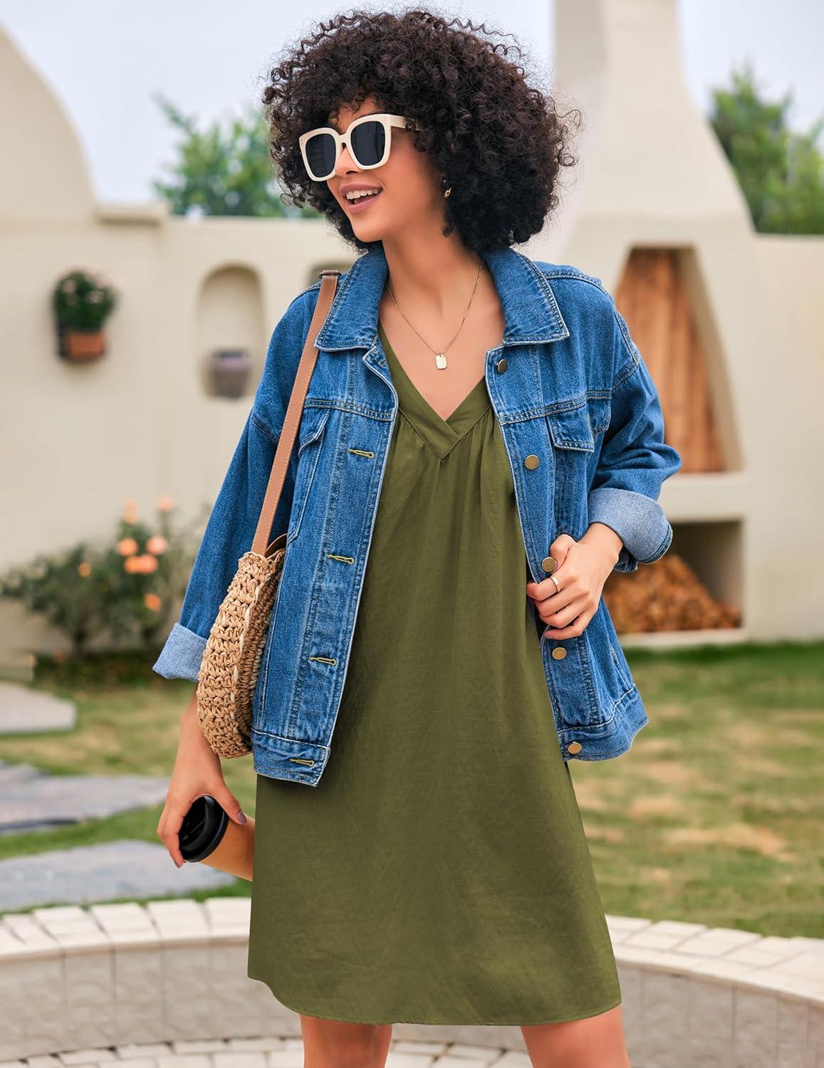 imageEkouaer Nightgown for Women Sleeveless Sleepwear Lightweight Racerback Sleep Shirt Pleated V Neck Night Dress Short ChemiseArmy Green