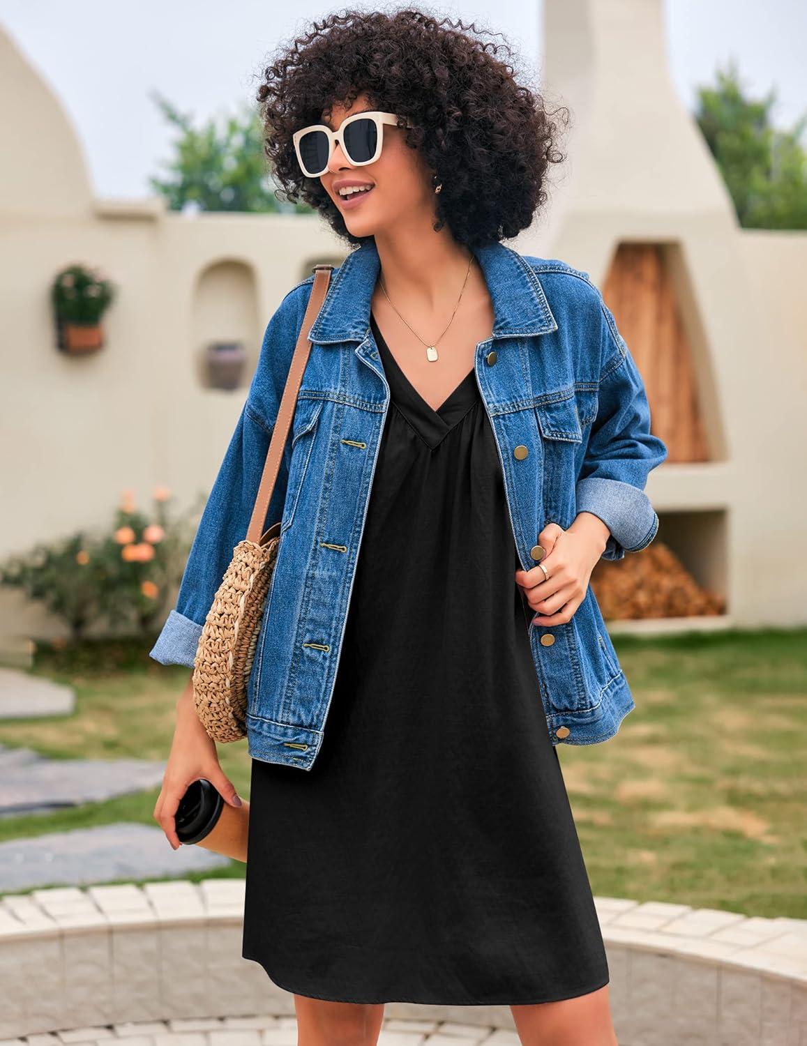 imageEkouaer Nightgown for Women Sleeveless Sleepwear Lightweight Racerback Sleep Shirt Pleated V Neck Night Dress Short ChemiseBlack