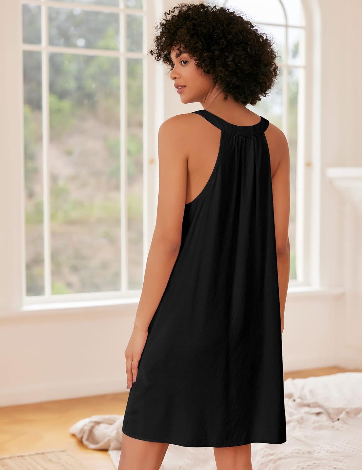 imageEkouaer Nightgown for Women Sleeveless Sleepwear Lightweight Racerback Sleep Shirt Pleated V Neck Night Dress Short ChemiseBlack