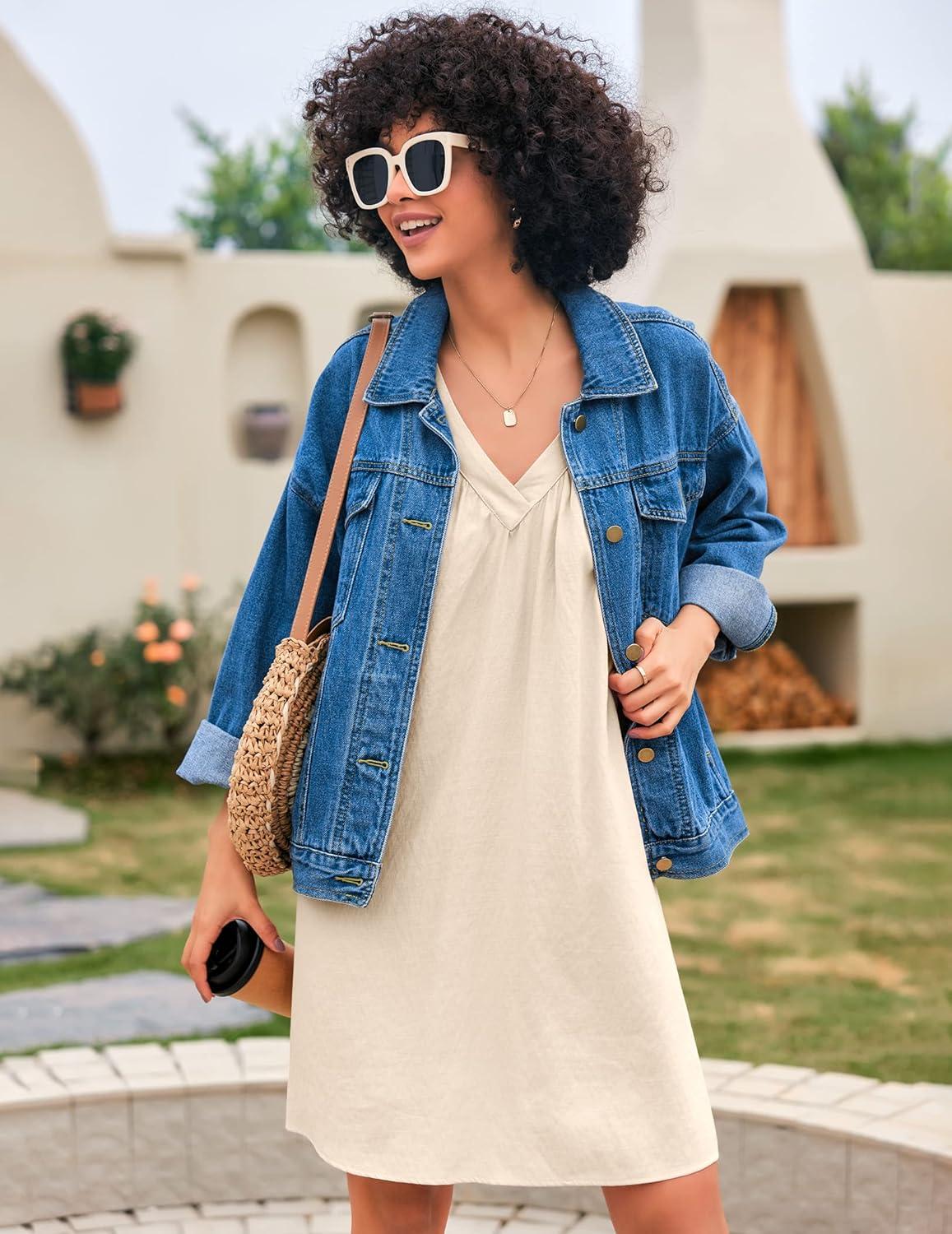 imageEkouaer Nightgown for Women Sleeveless Sleepwear Lightweight Racerback Sleep Shirt Pleated V Neck Night Dress Short ChemiseKhaki