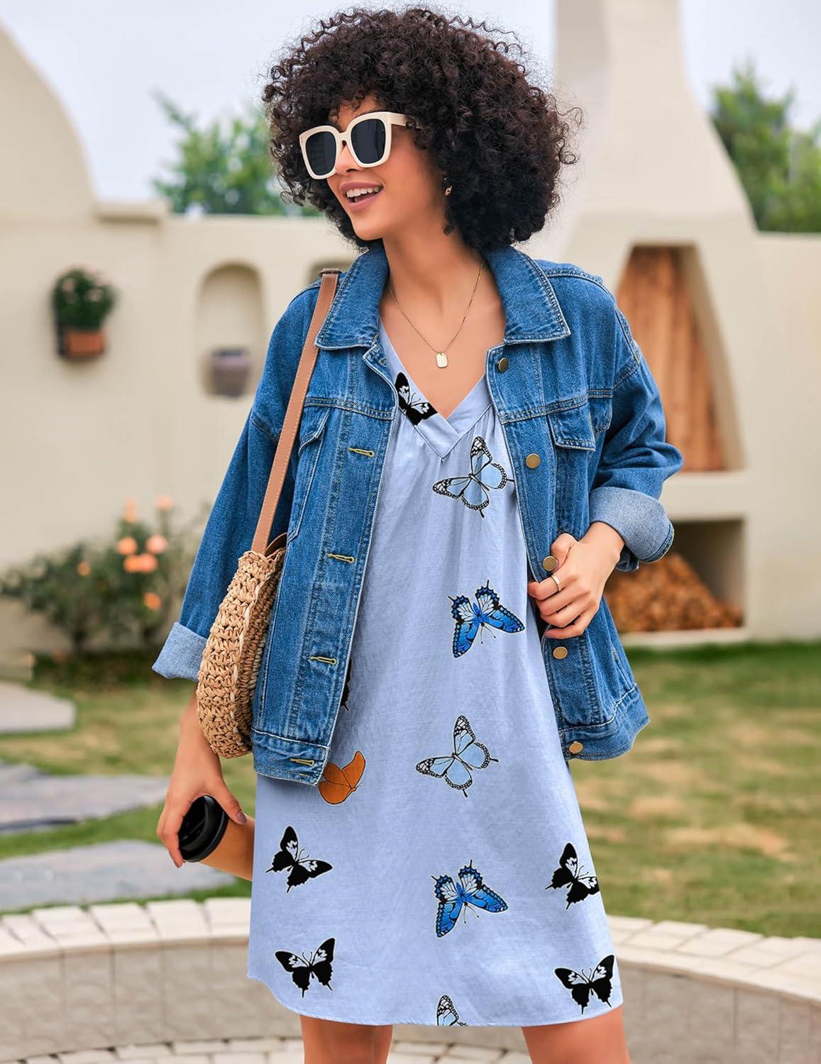 imageEkouaer Nightgown for Women Sleeveless Sleepwear Lightweight Racerback Sleep Shirt Pleated V Neck Night Dress Short ChemiseLight Blue Butterfly