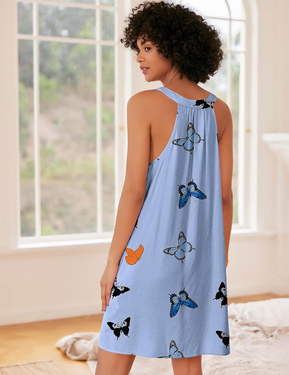 imageEkouaer Nightgown for Women Sleeveless Sleepwear Lightweight Racerback Sleep Shirt Pleated V Neck Night Dress Short ChemiseLight Blue Butterfly