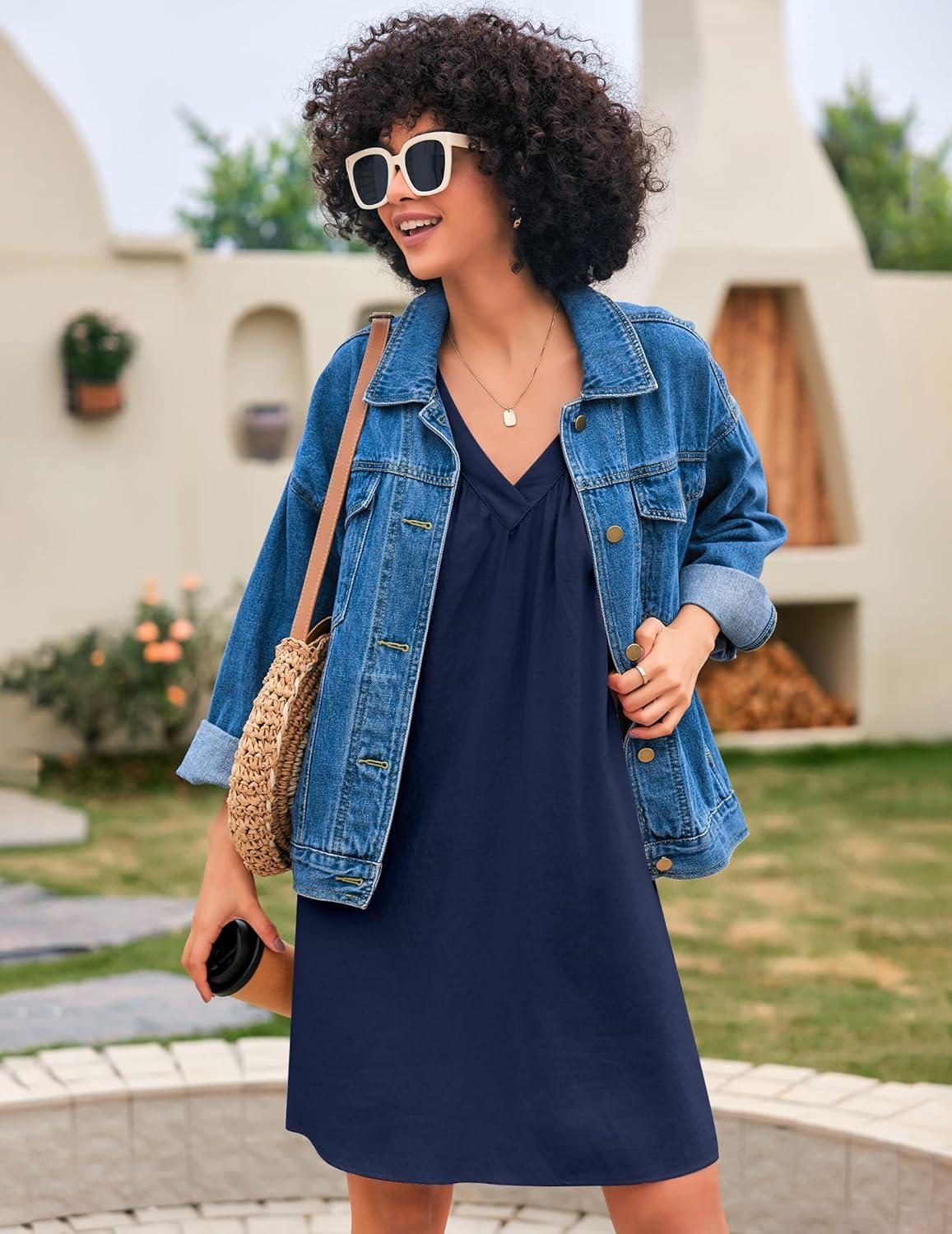 imageEkouaer Nightgown for Women Sleeveless Sleepwear Lightweight Racerback Sleep Shirt Pleated V Neck Night Dress Short ChemiseNavy Blue
