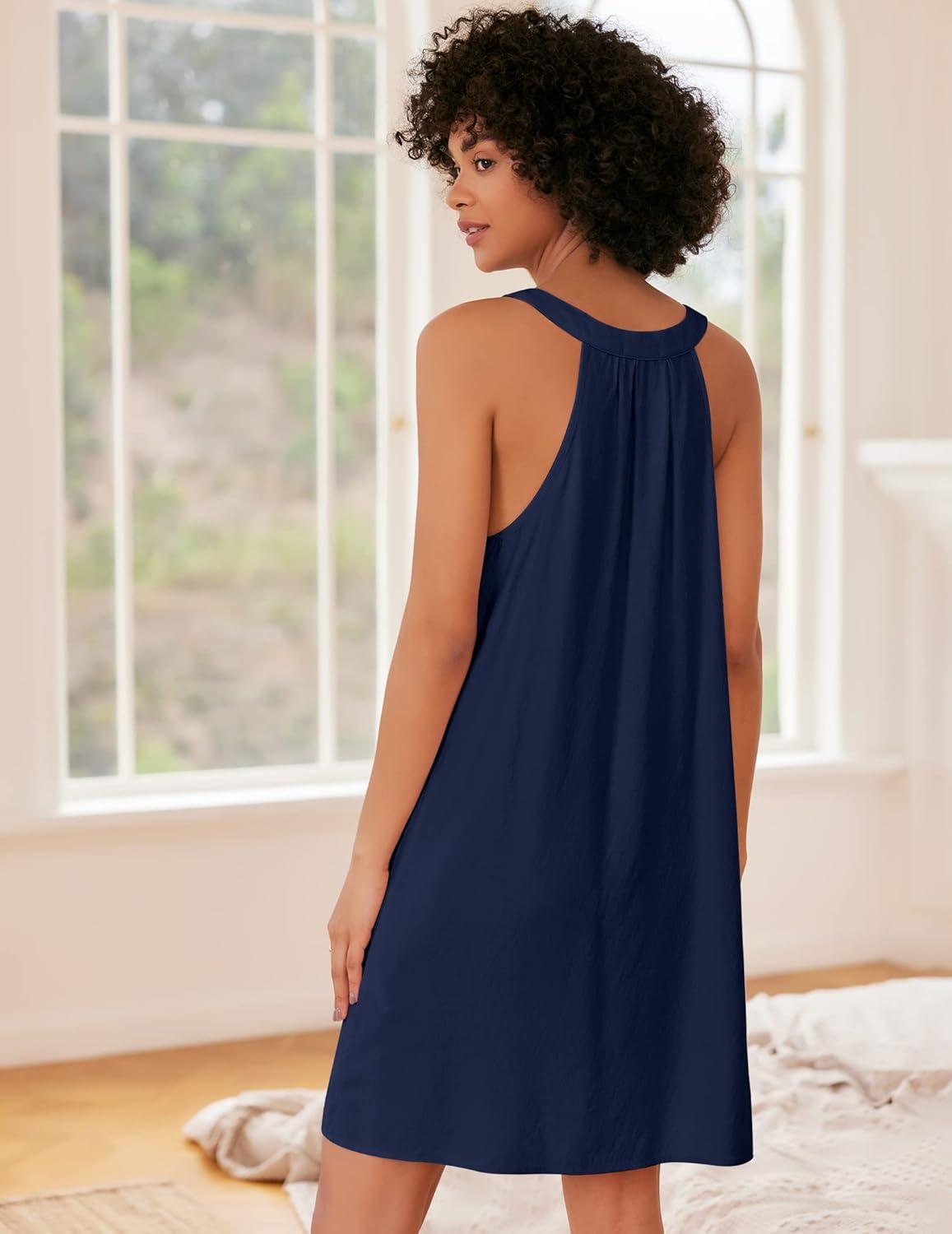 imageEkouaer Nightgown for Women Sleeveless Sleepwear Lightweight Racerback Sleep Shirt Pleated V Neck Night Dress Short ChemiseNavy Blue