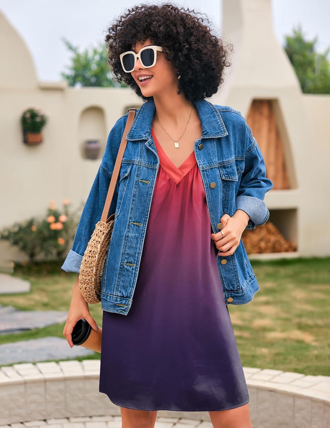 imageEkouaer Nightgown for Women Sleeveless Sleepwear Lightweight Racerback Sleep Shirt Pleated V Neck Night Dress Short ChemiseTie Dye Red Purple