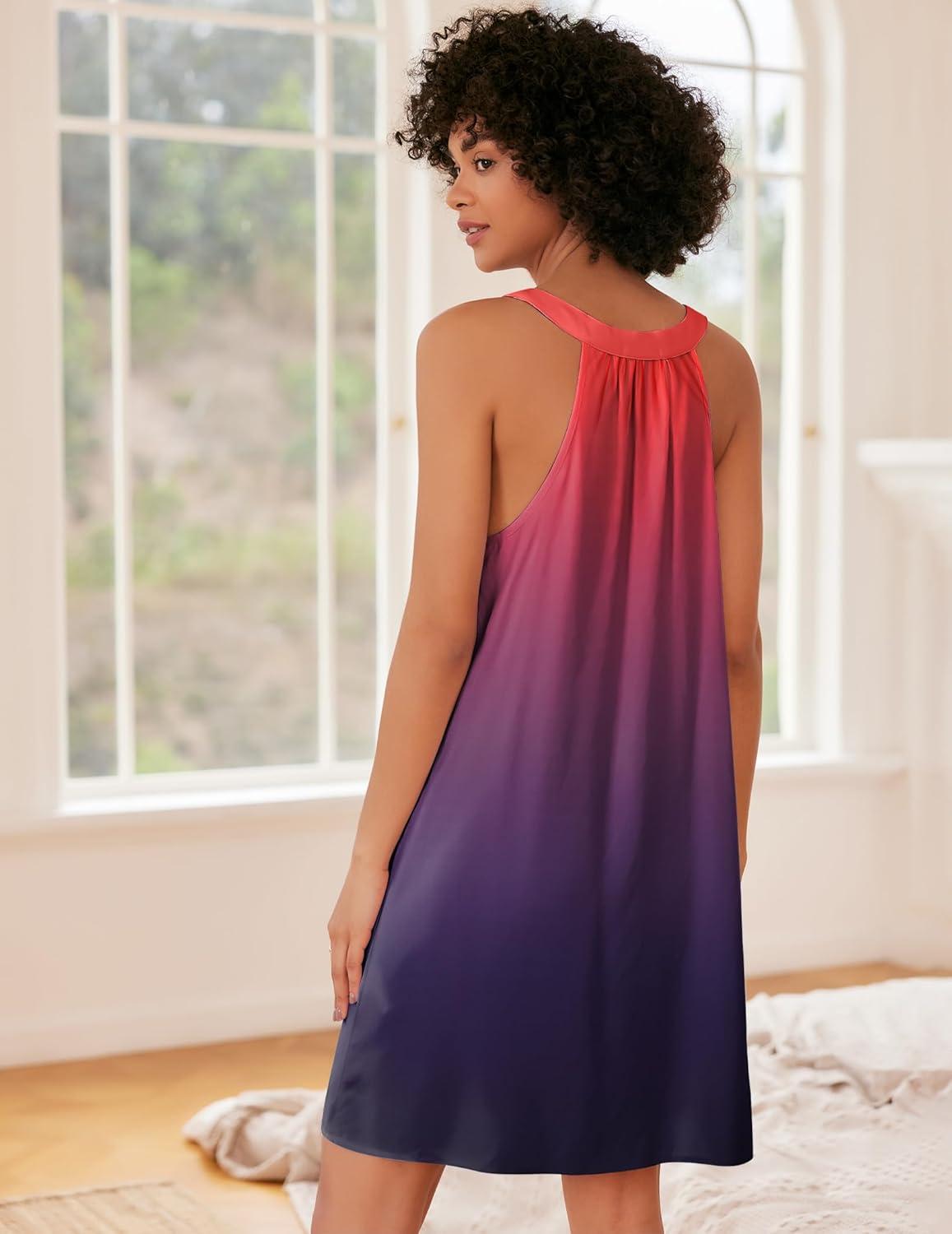 imageEkouaer Nightgown for Women Sleeveless Sleepwear Lightweight Racerback Sleep Shirt Pleated V Neck Night Dress Short ChemiseTie Dye Red Purple