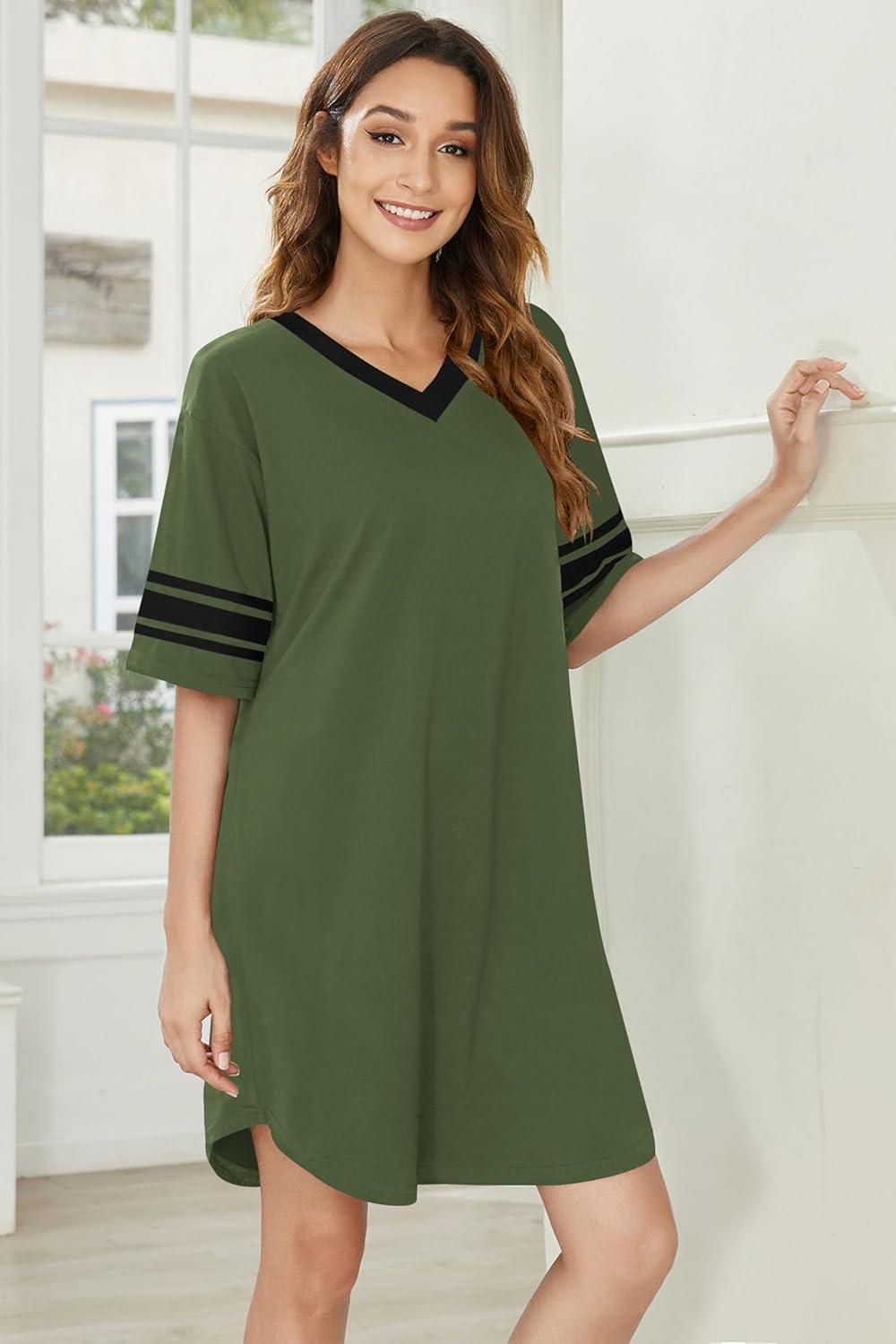 imageEkouaer Nightgowns for Women 2 Pack Sleepshirts Short Sleeve Nightshirt V Neck Sleepwear Casual Pajama DressBlackArmy Green