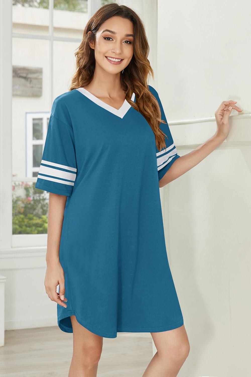 imageEkouaer Nightgowns for Women 2 Pack Sleepshirts Short Sleeve Nightshirt V Neck Sleepwear Casual Pajama DressBlackBlue Green