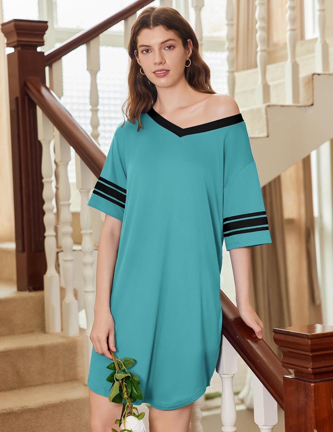 imageEkouaer Nightgowns for Women 2 Pack Sleepshirts Short Sleeve Nightshirt V Neck Sleepwear Casual Pajama DressBlackCeramic Green