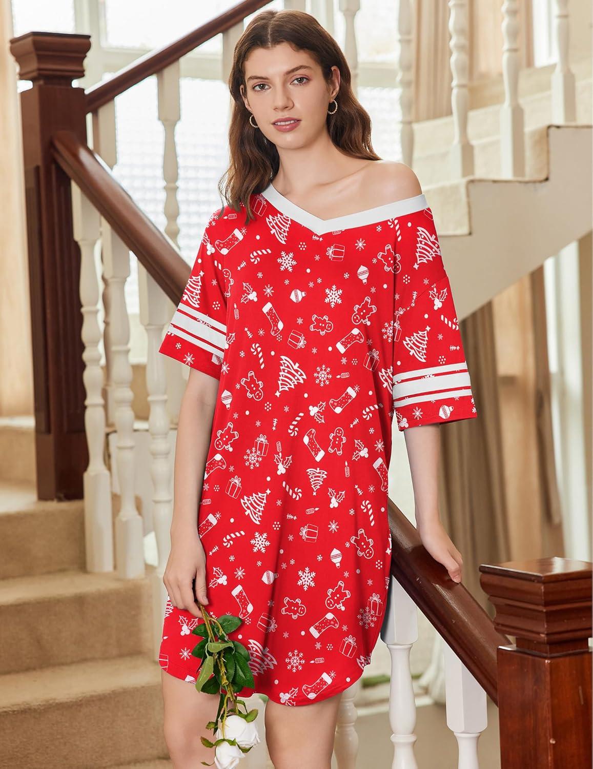 imageEkouaer Nightgowns for Women 2 Pack Sleepshirts Short Sleeve Nightshirt V Neck Sleepwear Casual Pajama DressBlackChristmas Red