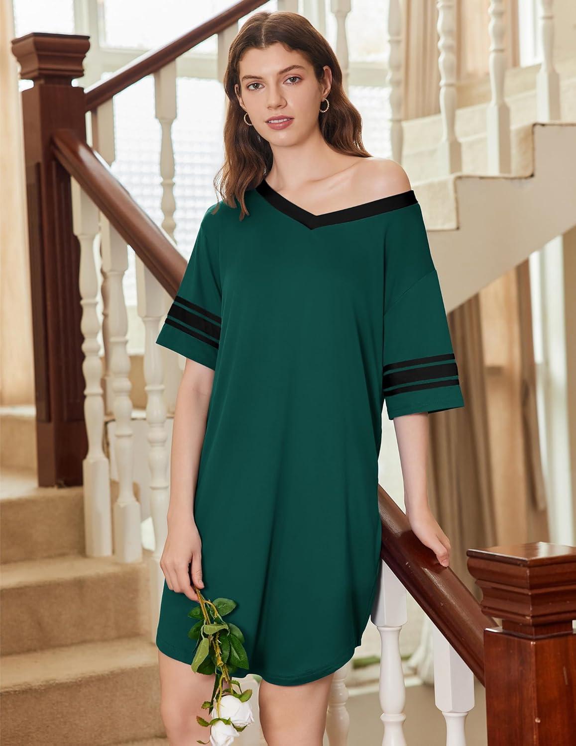 imageEkouaer Nightgowns for Women 2 Pack Sleepshirts Short Sleeve Nightshirt V Neck Sleepwear Casual Pajama DressBlackDark Green