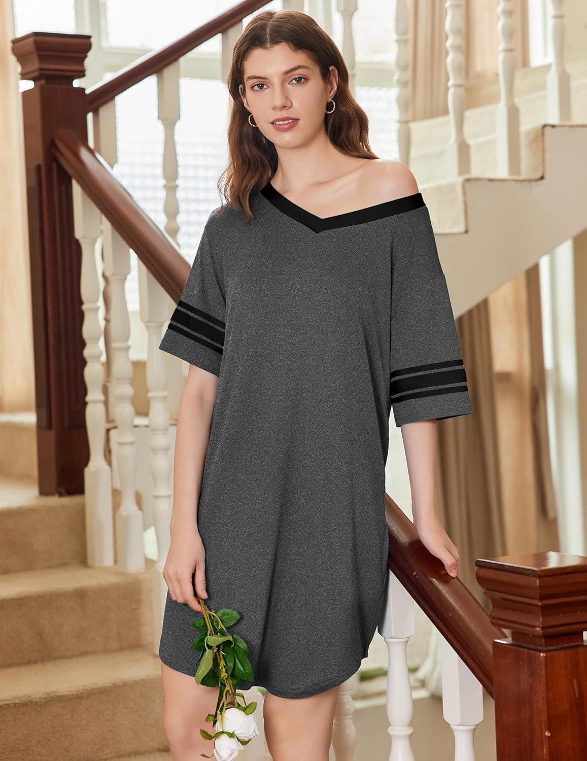 imageEkouaer Nightgowns for Women 2 Pack Sleepshirts Short Sleeve Nightshirt V Neck Sleepwear Casual Pajama DressBlackDark Grey