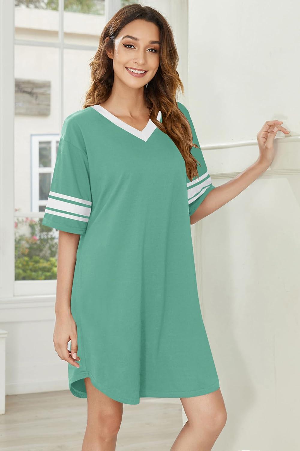 imageEkouaer Nightgowns for Women 2 Pack Sleepshirts Short Sleeve Nightshirt V Neck Sleepwear Casual Pajama DressBlackGrey Green