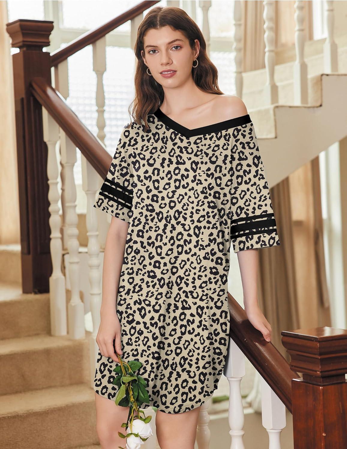 imageEkouaer Nightgowns for Women 2 Pack Sleepshirts Short Sleeve Nightshirt V Neck Sleepwear Casual Pajama DressBlackLeopard