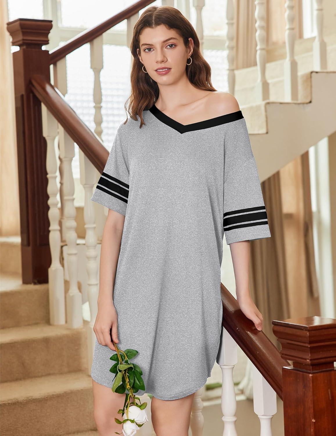imageEkouaer Nightgowns for Women 2 Pack Sleepshirts Short Sleeve Nightshirt V Neck Sleepwear Casual Pajama DressBlackLight Grey