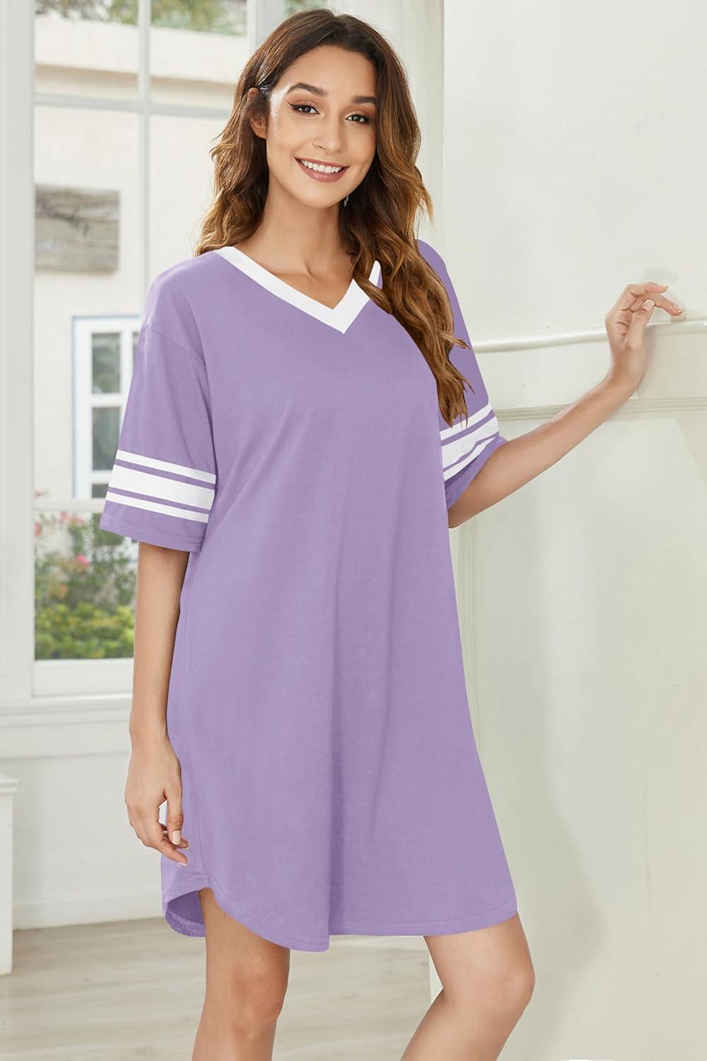 imageEkouaer Nightgowns for Women 2 Pack Sleepshirts Short Sleeve Nightshirt V Neck Sleepwear Casual Pajama DressBlackLilac