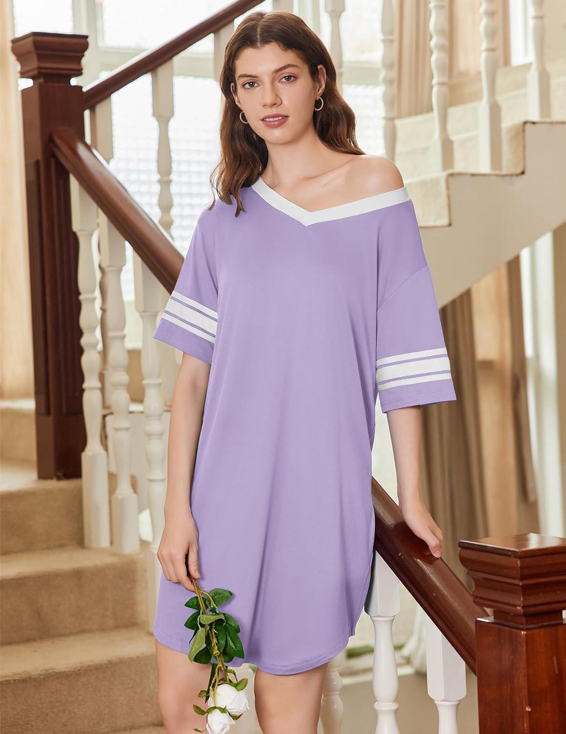 imageEkouaer Nightgowns for Women 2 Pack Sleepshirts Short Sleeve Nightshirt V Neck Sleepwear Casual Pajama DressBlackLilac