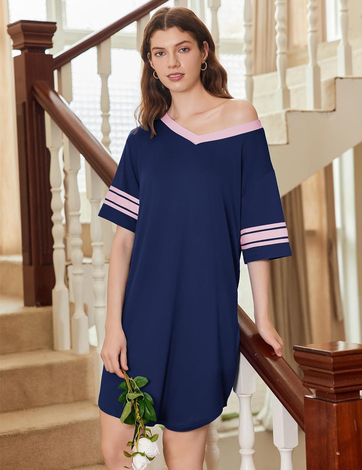 imageEkouaer Nightgowns for Women 2 Pack Sleepshirts Short Sleeve Nightshirt V Neck Sleepwear Casual Pajama DressBlackNavy Blue