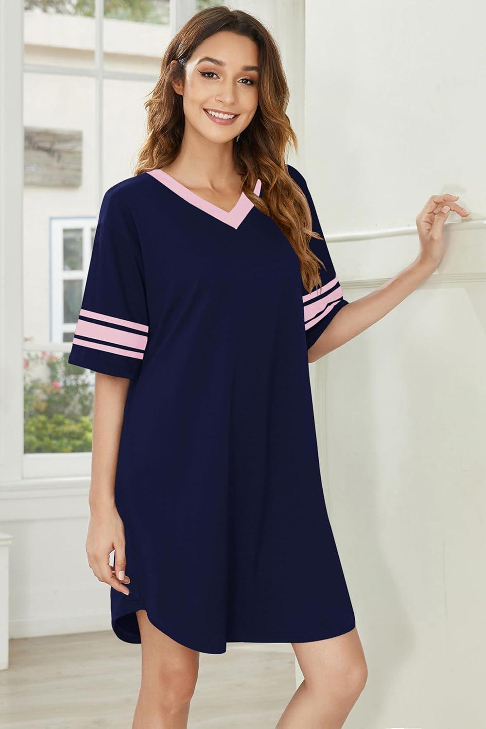 imageEkouaer Nightgowns for Women 2 Pack Sleepshirts Short Sleeve Nightshirt V Neck Sleepwear Casual Pajama DressBlackNavy Blue