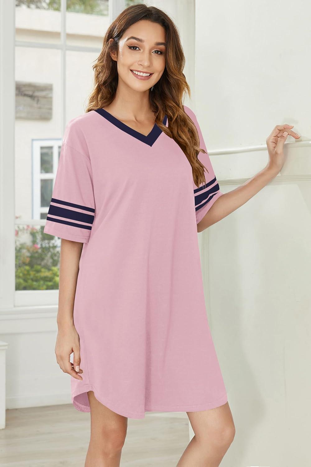 imageEkouaer Nightgowns for Women 2 Pack Sleepshirts Short Sleeve Nightshirt V Neck Sleepwear Casual Pajama DressBlackPink