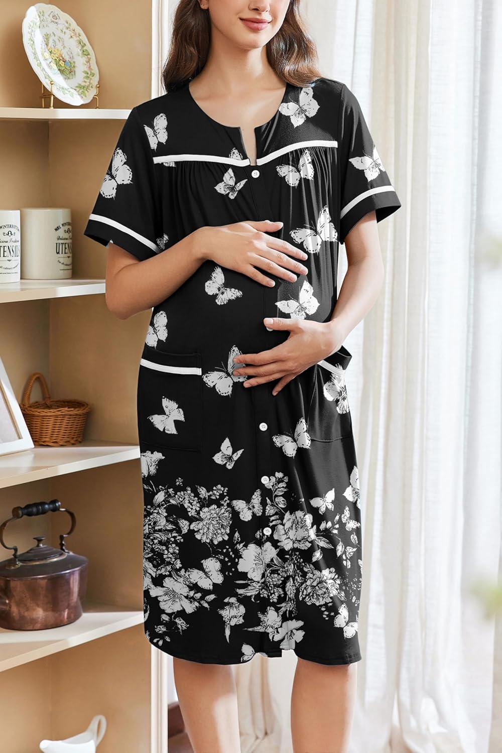 imageEkouaer Nightgowns for Women House Dress with Pockets Button Down Sleepshirt Short Sleeve Nightshirt Housecoat SXXXLBlack Butterfly