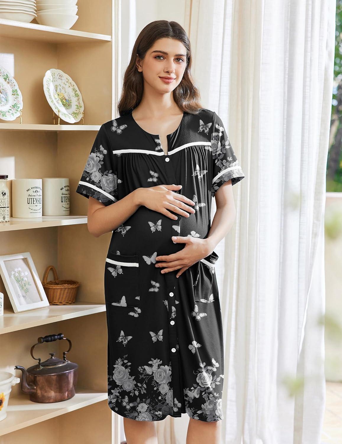 imageEkouaer Nightgowns for Women House Dress with Pockets Button Down Sleepshirt Short Sleeve Nightshirt Housecoat SXXXLBlack Butterfly Flower