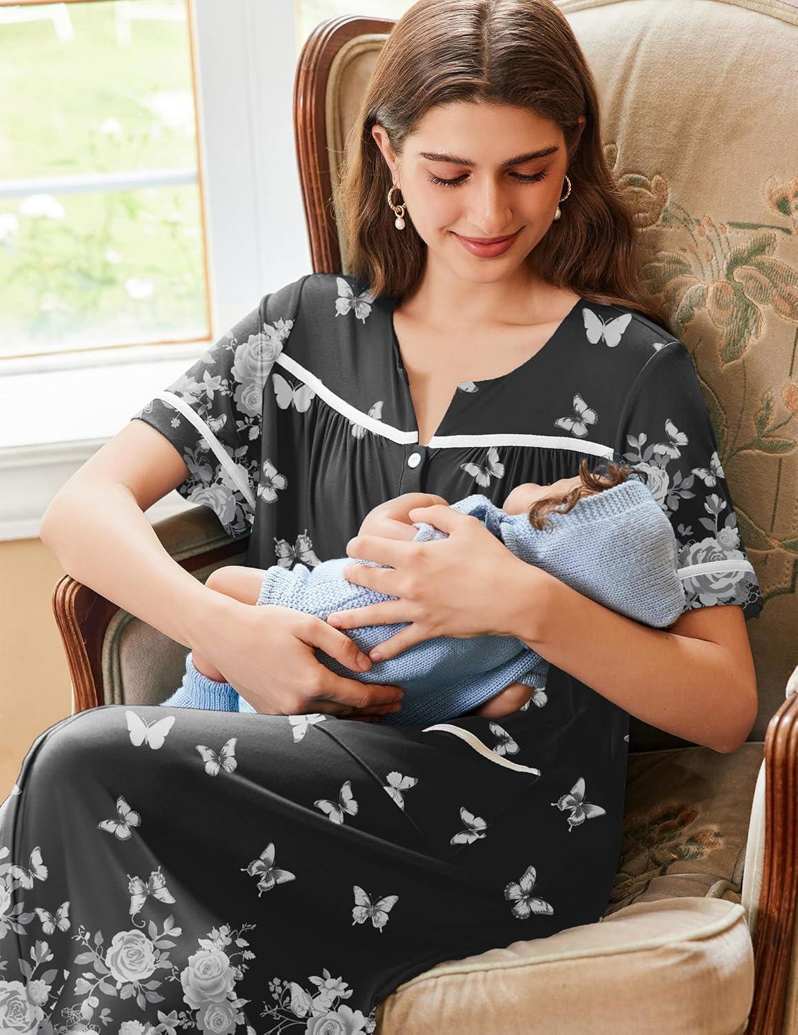 imageEkouaer Nightgowns for Women House Dress with Pockets Button Down Sleepshirt Short Sleeve Nightshirt Housecoat SXXXLBlack Butterfly Flower