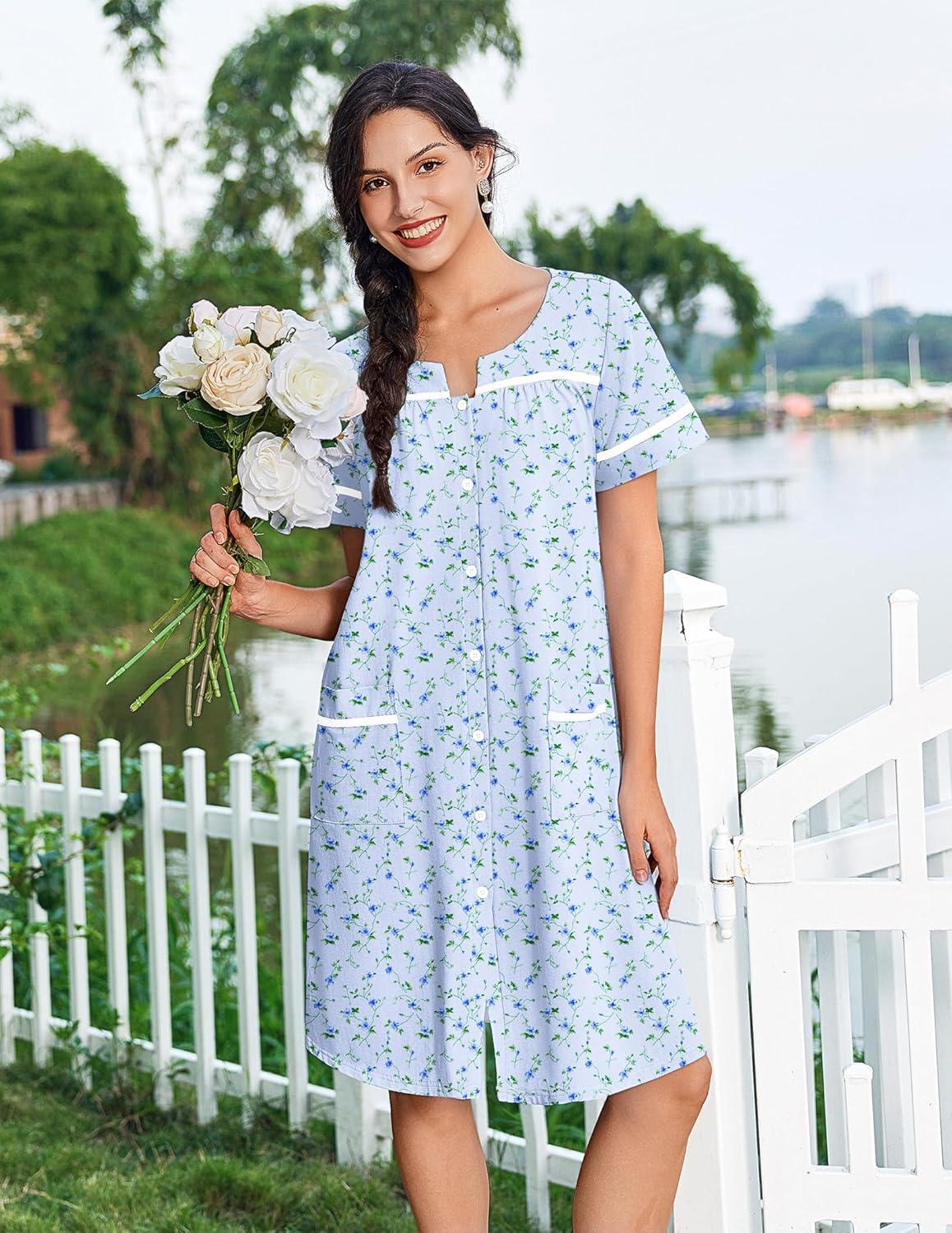 imageEkouaer Nightgowns for Women House Dress with Pockets Button Down Sleepshirt Short Sleeve Nightshirt Housecoat SXXXLBlue Floral