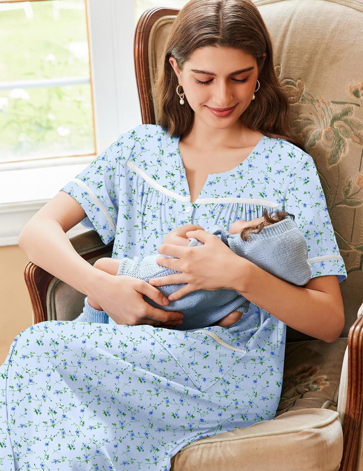 imageEkouaer Nightgowns for Women House Dress with Pockets Button Down Sleepshirt Short Sleeve Nightshirt Housecoat SXXXLBlue Floral