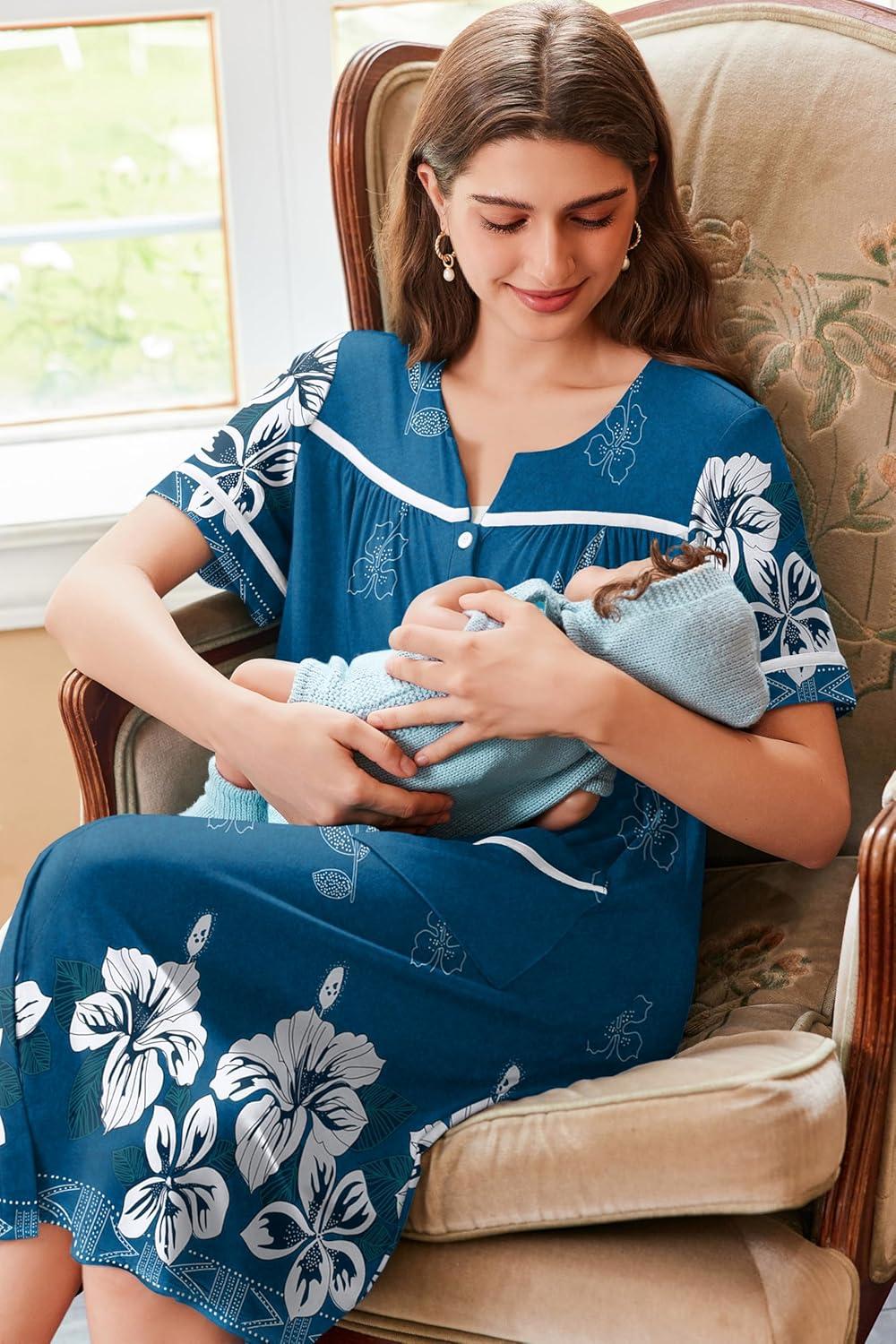 imageEkouaer Nightgowns for Women House Dress with Pockets Button Down Sleepshirt Short Sleeve Nightshirt Housecoat SXXXLBlue Green Flower